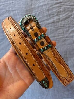 RARE Vintage Cowhide, Hand-Tooled Western Belt with Turquoise
